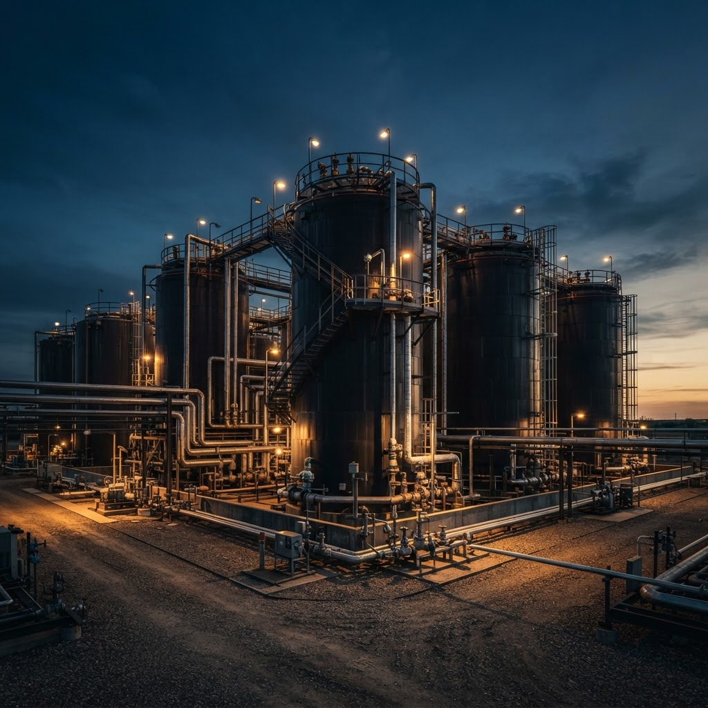 Heated bitumen storage tanks at an industrial terminal