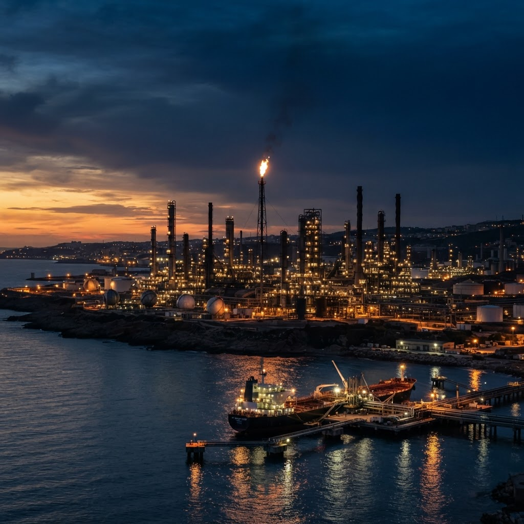 Refinery process units at blue hour